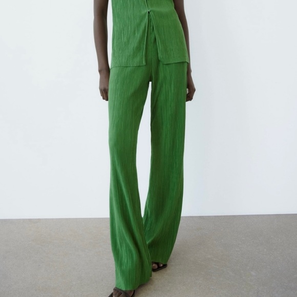 Zara Pants & Jumpsuits Zara Green Pleated Wide Leg Pant Poshmark